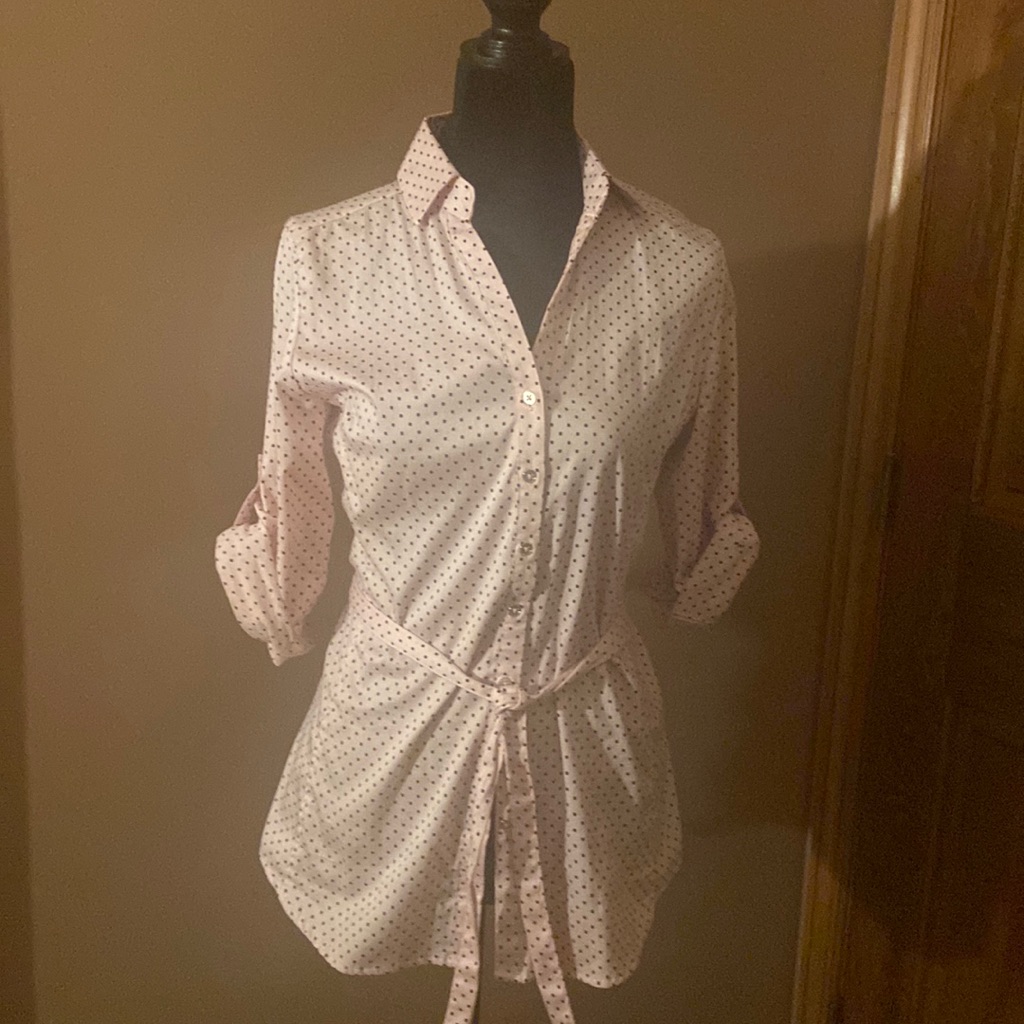 Button Up Blouse, Light Pink With Black Polkadots